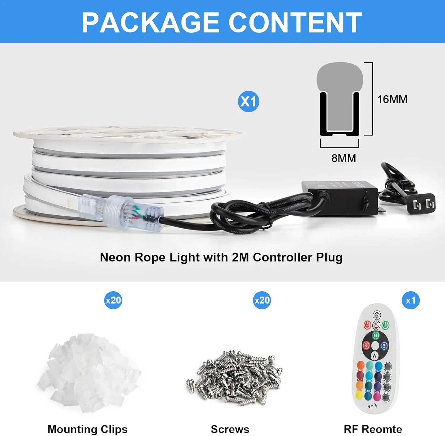 Brillihood RGB Neon Rope Light, Flexible 120V LED Neon Light Strip, SMD5050 80LEDs/M Outdoor Waterproof Neon Lighting with RF Remote & 2M Controller Plug for Home Building Commercial Decor, 10M/32.8Ft
