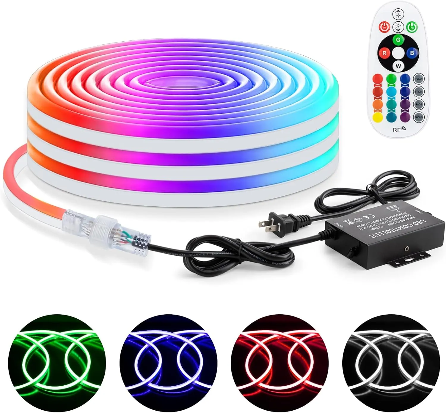 Brillihood RGB Neon Rope Light, Flexible 120V LED Neon Light Strip, SMD5050 80LEDs/M Outdoor Waterproof Neon Lighting with RF Remote & 2M Controller Plug for Home Building Commercial Decor, 10M/32.8Ft