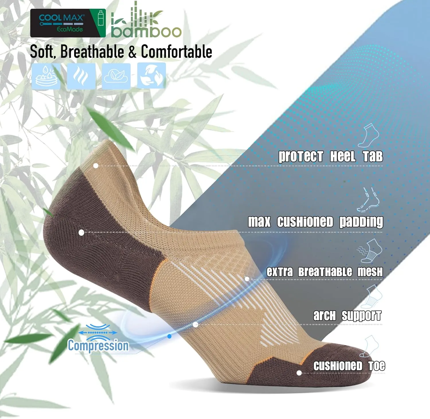BRISIRA Bamboo Viscose Coolmax Compression Running No Show Socks Men Cushioned Moisture Wicking Arch Support Athletic Padded