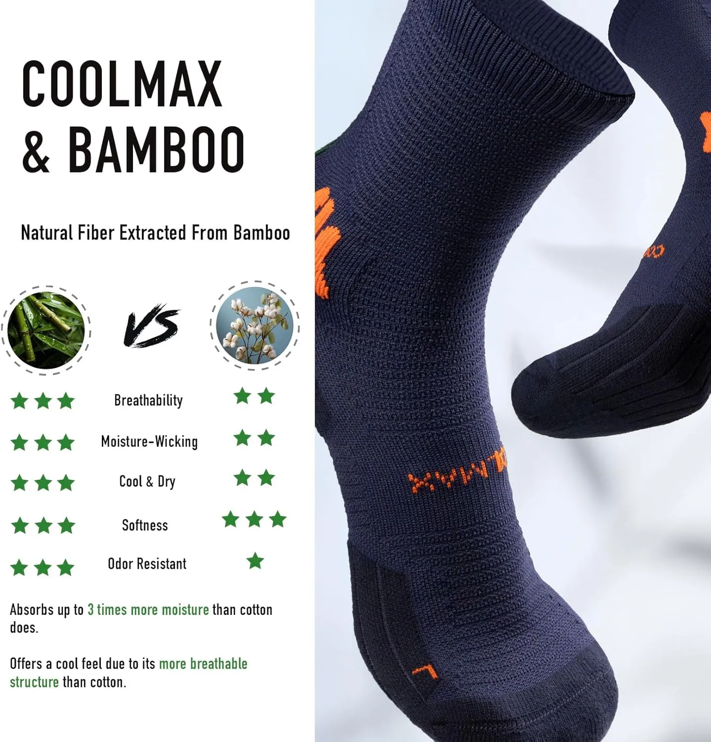 BRISIRA Coolmax Bamboo Viscose Compression Anti Blister Hiking Socks Crew Mid Calf Moisture Wicking Anti Odor Tennis Cushion