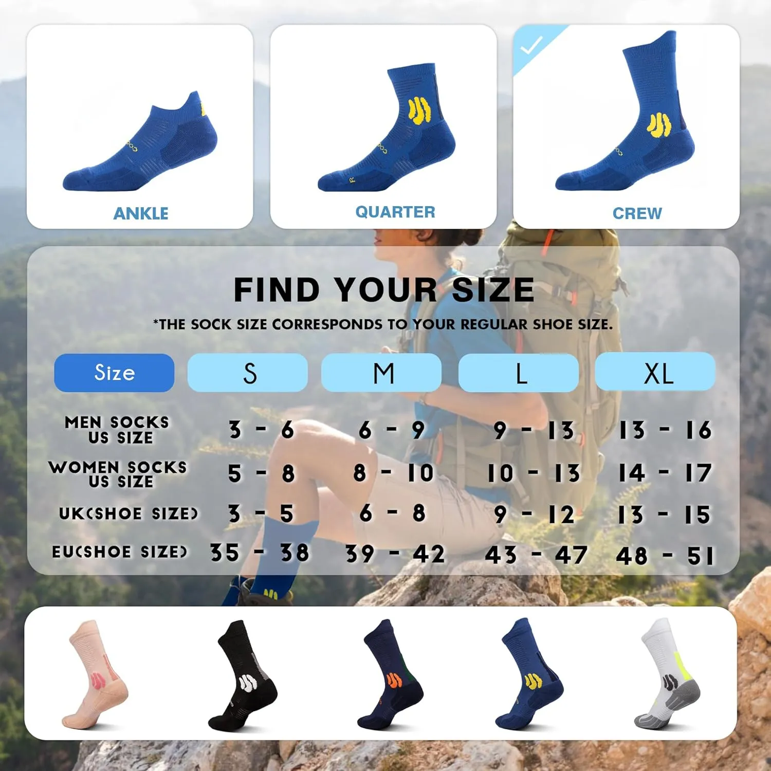 BRISIRA Coolmax Bamboo Viscose Compression Anti Blister Hiking Socks Crew Mid Calf Moisture Wicking Anti Odor Tennis Cushion