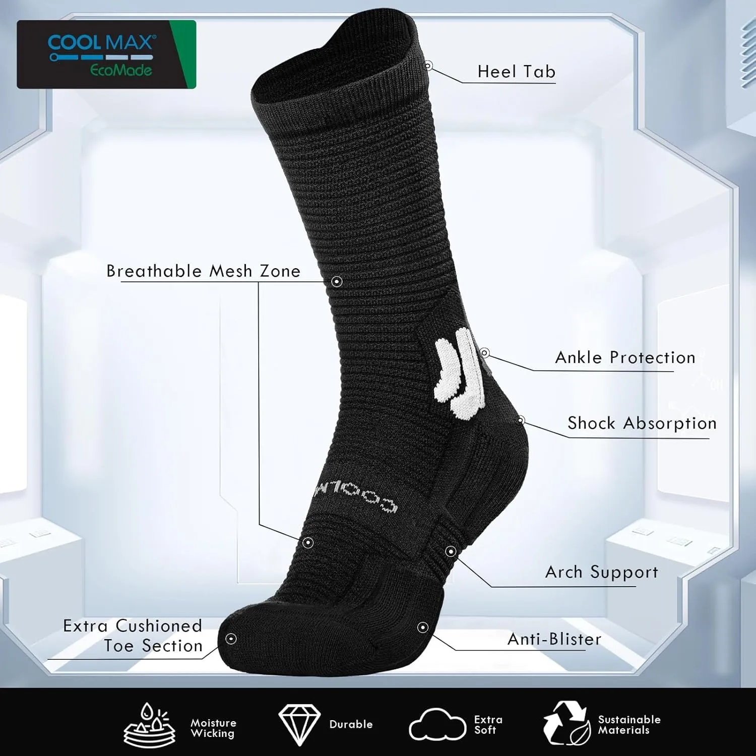 BRISIRA Coolmax Bamboo Viscose Compression Anti Blister Hiking Socks Crew Mid Calf Moisture Wicking Anti Odor Tennis Cushion