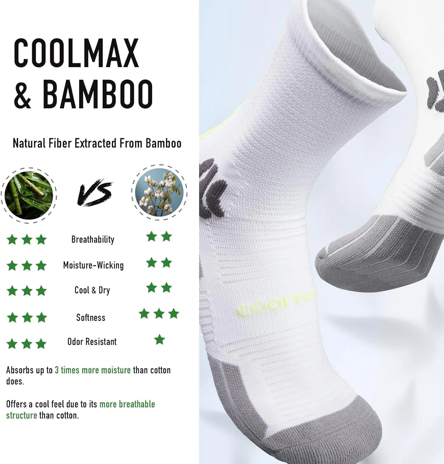 BRISIRA Coolmax Bamboo Viscose Compression Anti Blister Hiking Socks Crew Mid Calf Moisture Wicking Anti Odor Tennis Cushion
