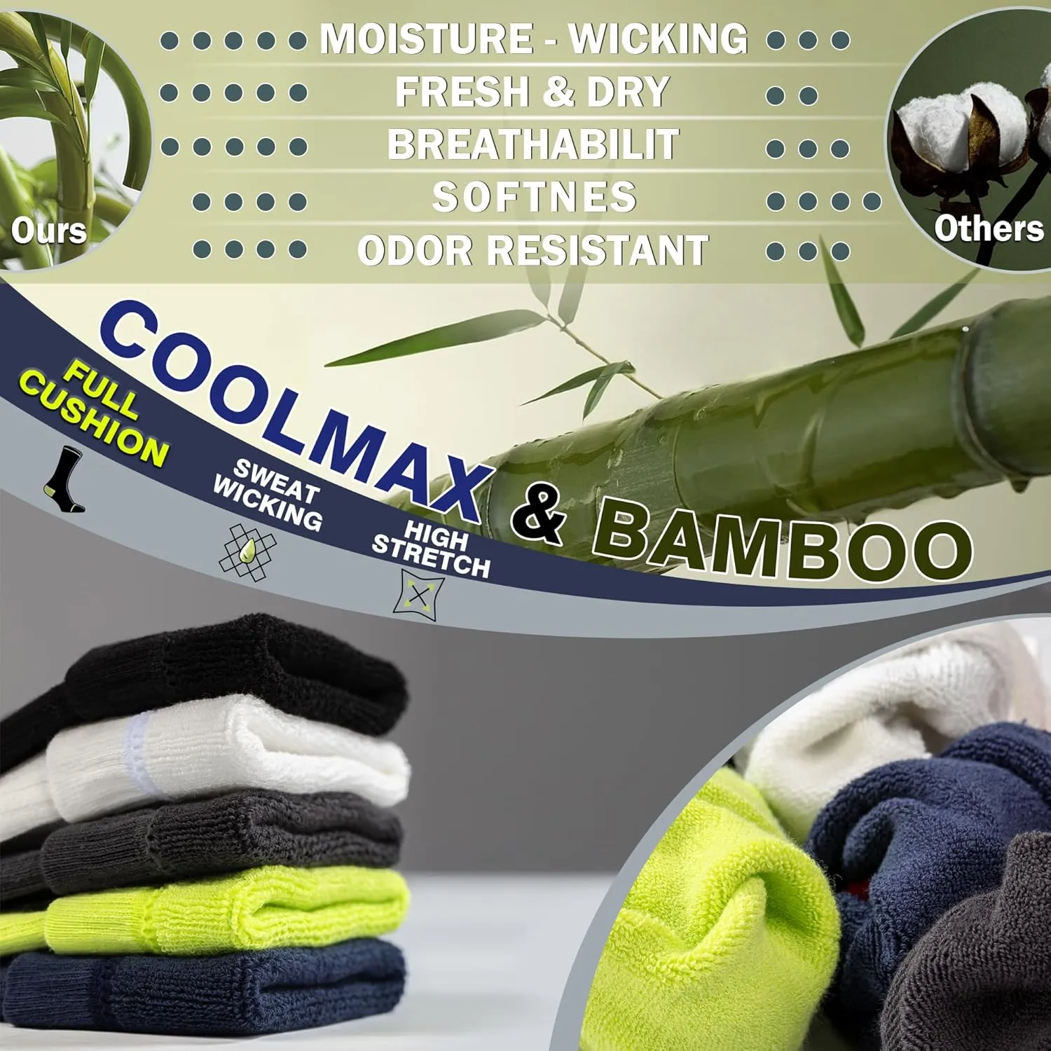 BRISIRA Coolmax Bamboo Viscose Compression Anti Blister Hiking Socks Crew Mid Calf Moisture Wicking Anti Odor Tennis Cushion