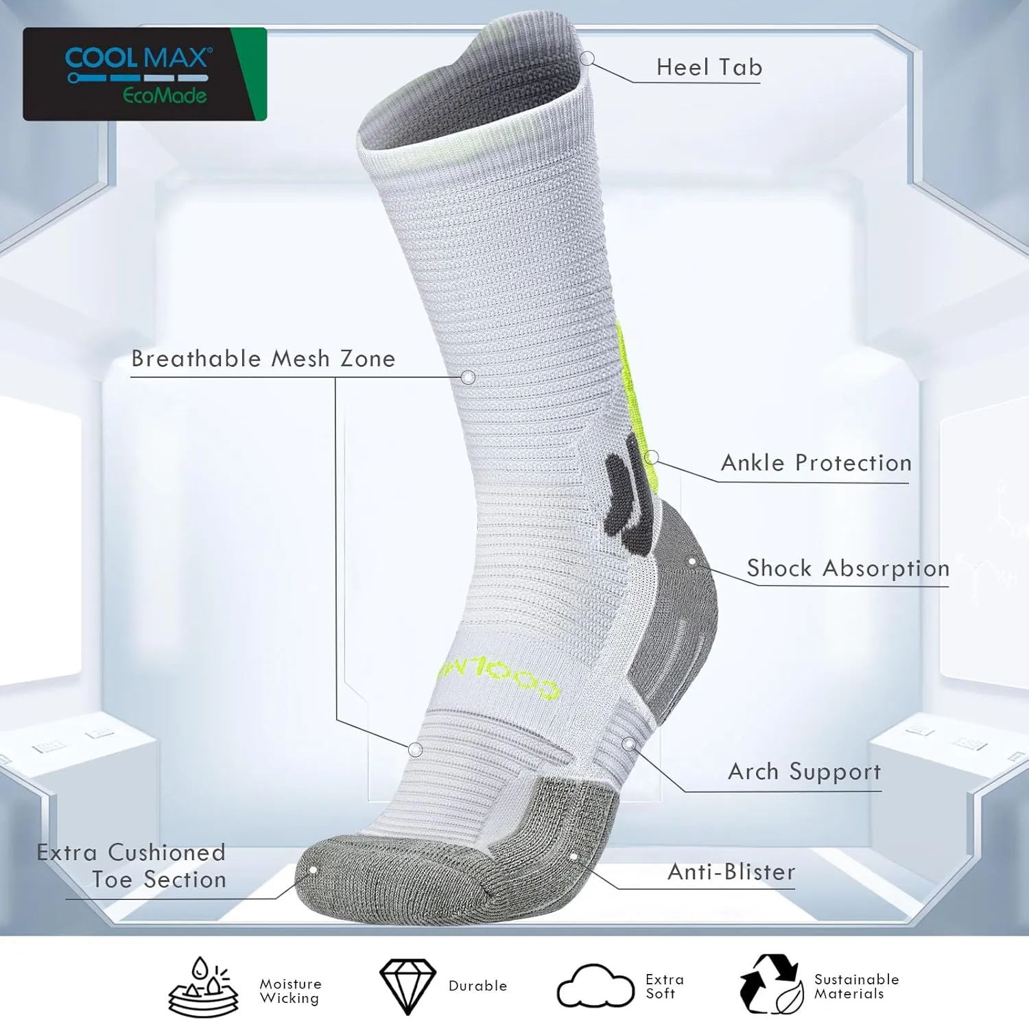BRISIRA Coolmax Bamboo Viscose Compression Anti Blister Hiking Socks Crew Mid Calf Moisture Wicking Anti Odor Tennis Cushion
