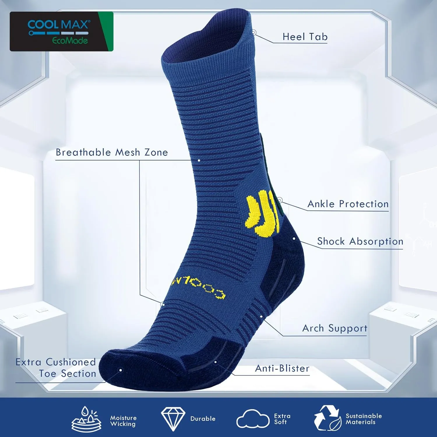 BRISIRA Coolmax Bamboo Viscose Compression Anti Blister Hiking Socks Crew Mid Calf Moisture Wicking Anti Odor Tennis Cushion