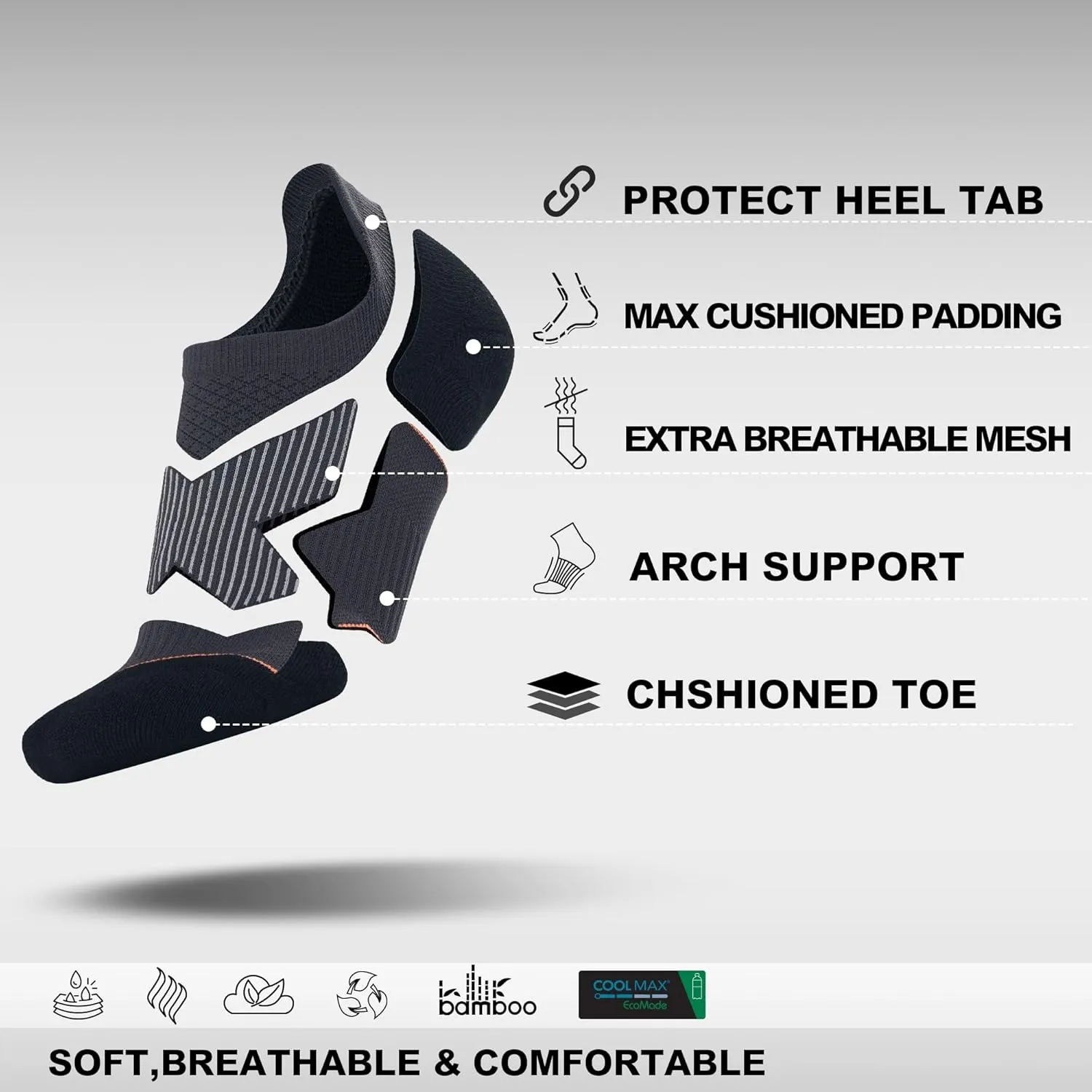 BRISIRA Coolmax Bamboo Viscose Compression No Show Socks Moisture Wicking Cushion Short Low Cut Ankle Athletic Sock for Golf