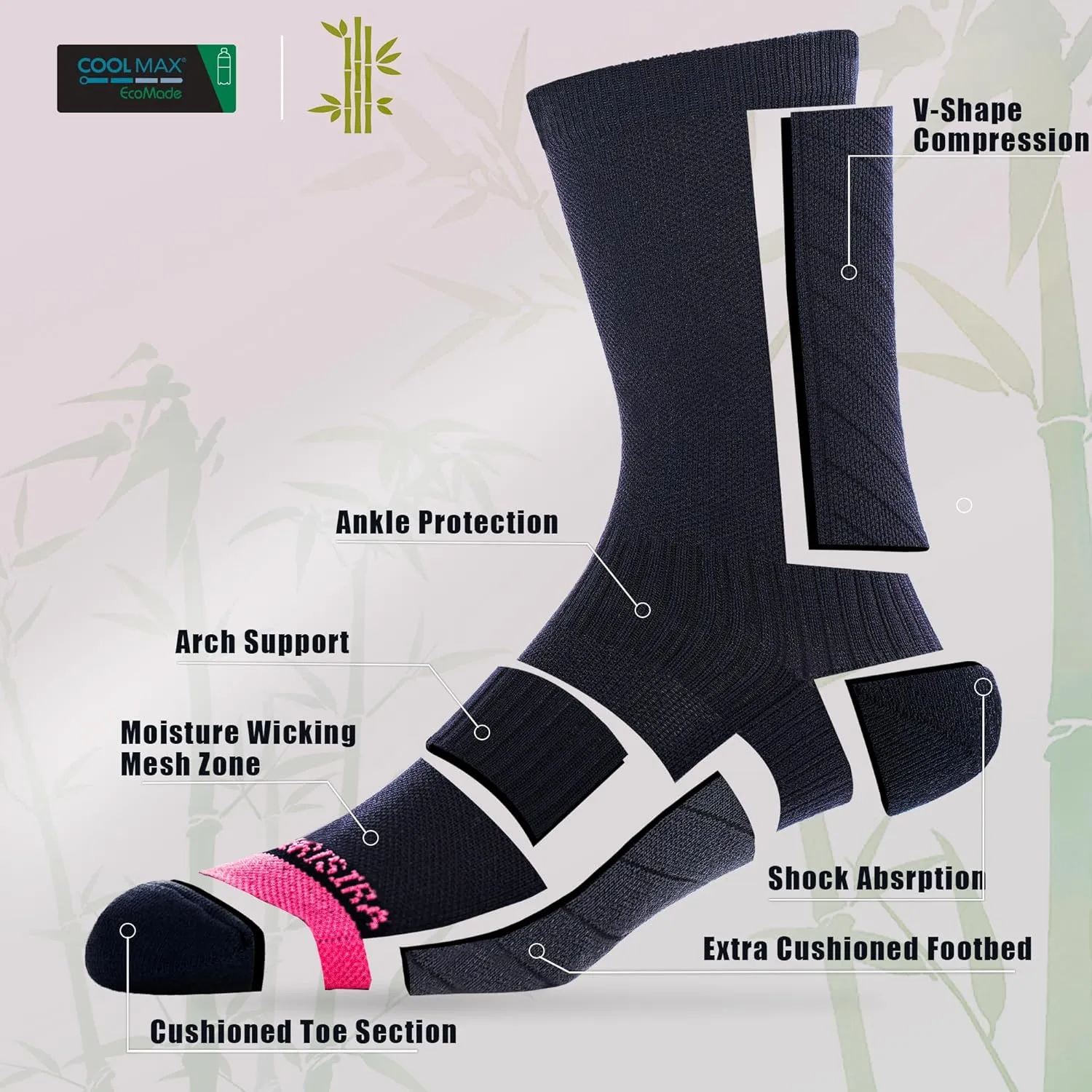 BRISIRA Coolmax Bamboo Viscose Compression Running Crew Socks Women Moisture-Wicking Anti-Blister Cooling Athletic Mid Calf