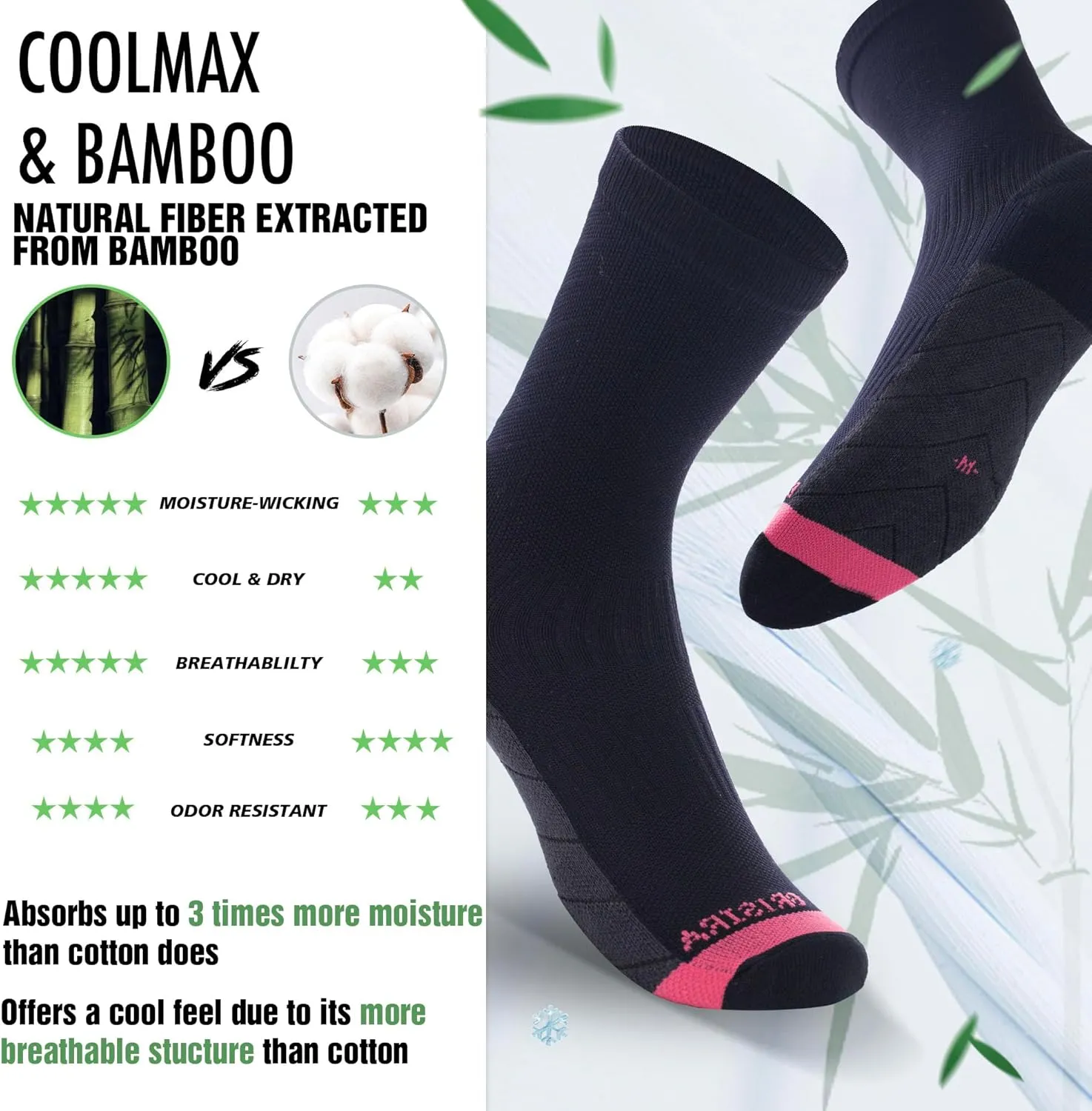 BRISIRA Coolmax Bamboo Viscose Compression Running Crew Socks Women Moisture-Wicking Anti-Blister Cooling Athletic Mid Calf