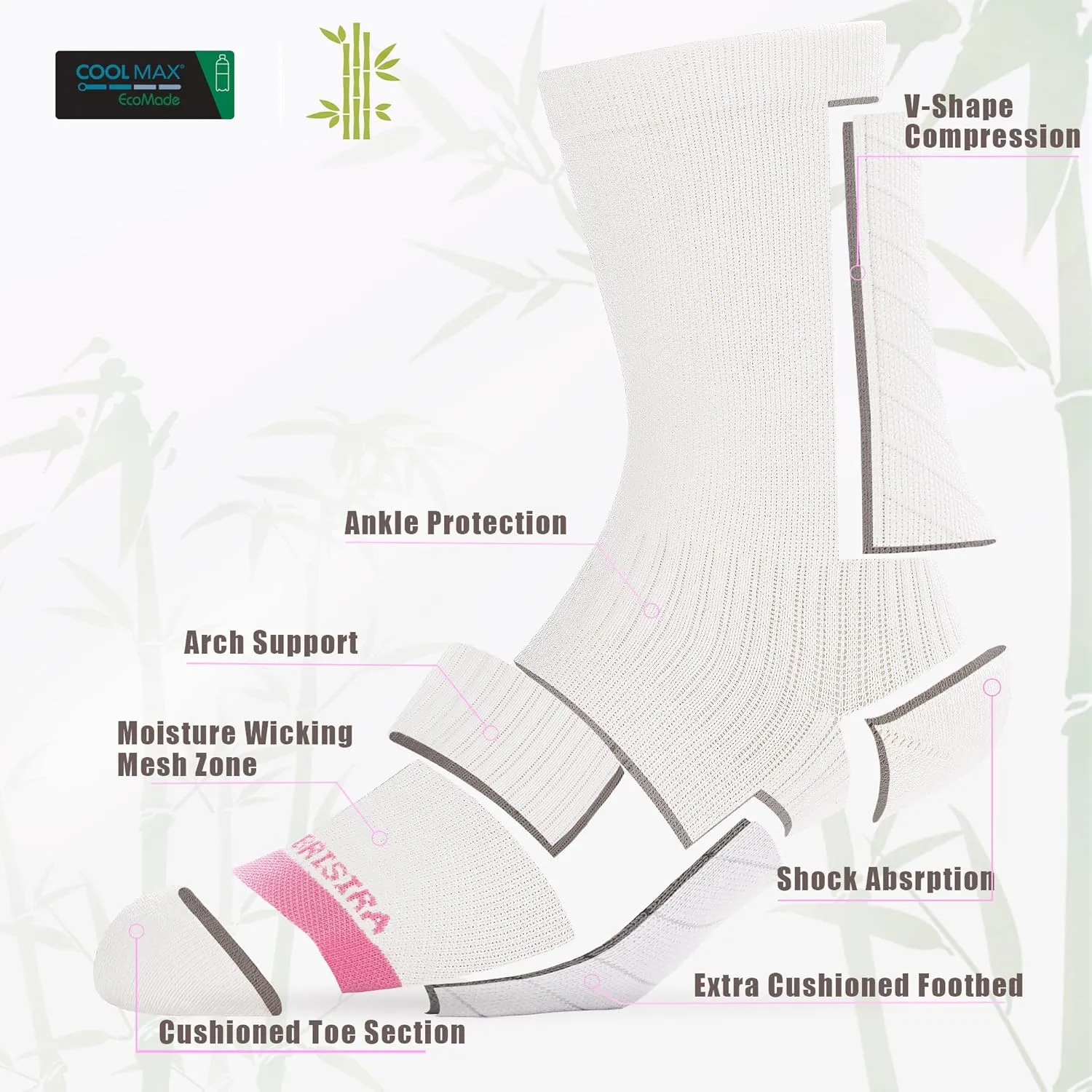 BRISIRA Coolmax Bamboo Viscose Compression Running Crew Socks Women Moisture-Wicking Anti-Blister Cooling Athletic Mid Calf