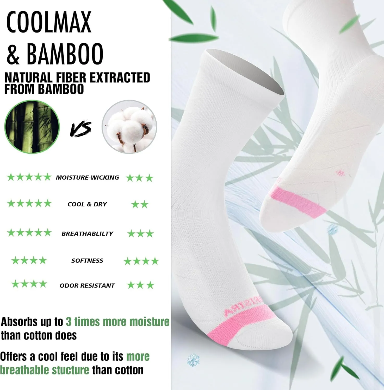 BRISIRA Coolmax Bamboo Viscose Compression Running Crew Socks Women Moisture-Wicking Anti-Blister Cooling Athletic Mid Calf
