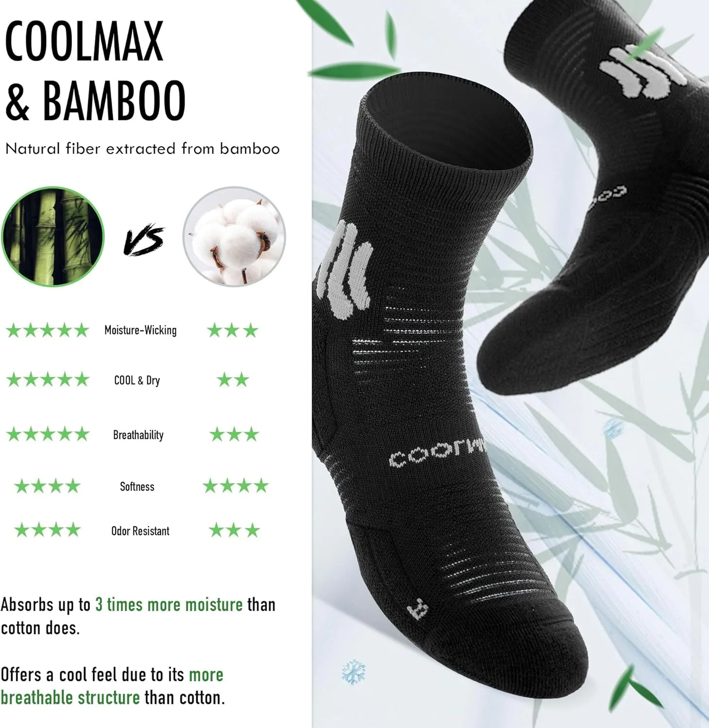 BRISIRA Coolmax Bamboo Viscose Compression Running Socks Quarter Crew Athletic Cushioned Breathable Anti Blister&Sweat&Odor