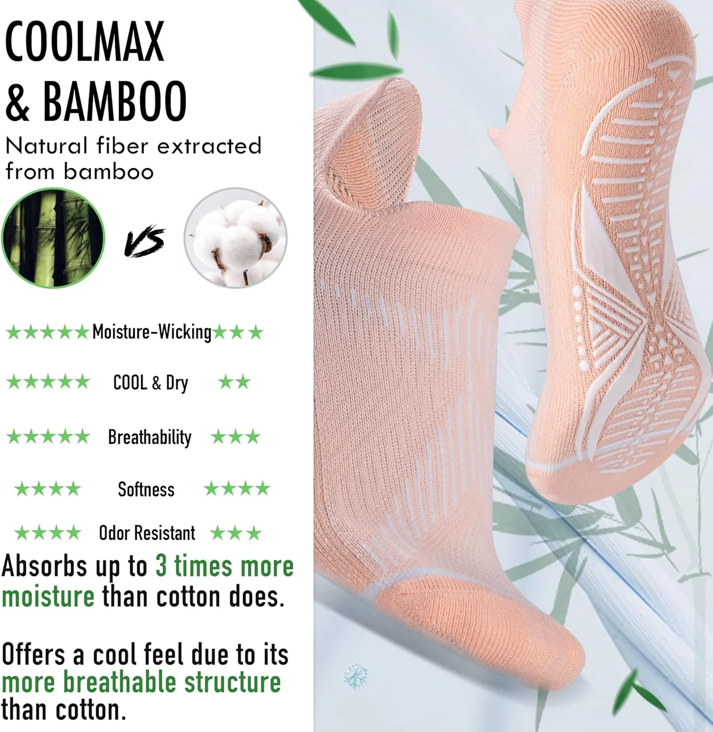 BRISIRA Coolmax Bamboo Viscose Pilates Socks with Grips Women Non Slip Grippy Yoga Socks Compression Barre Hospital Barefoot