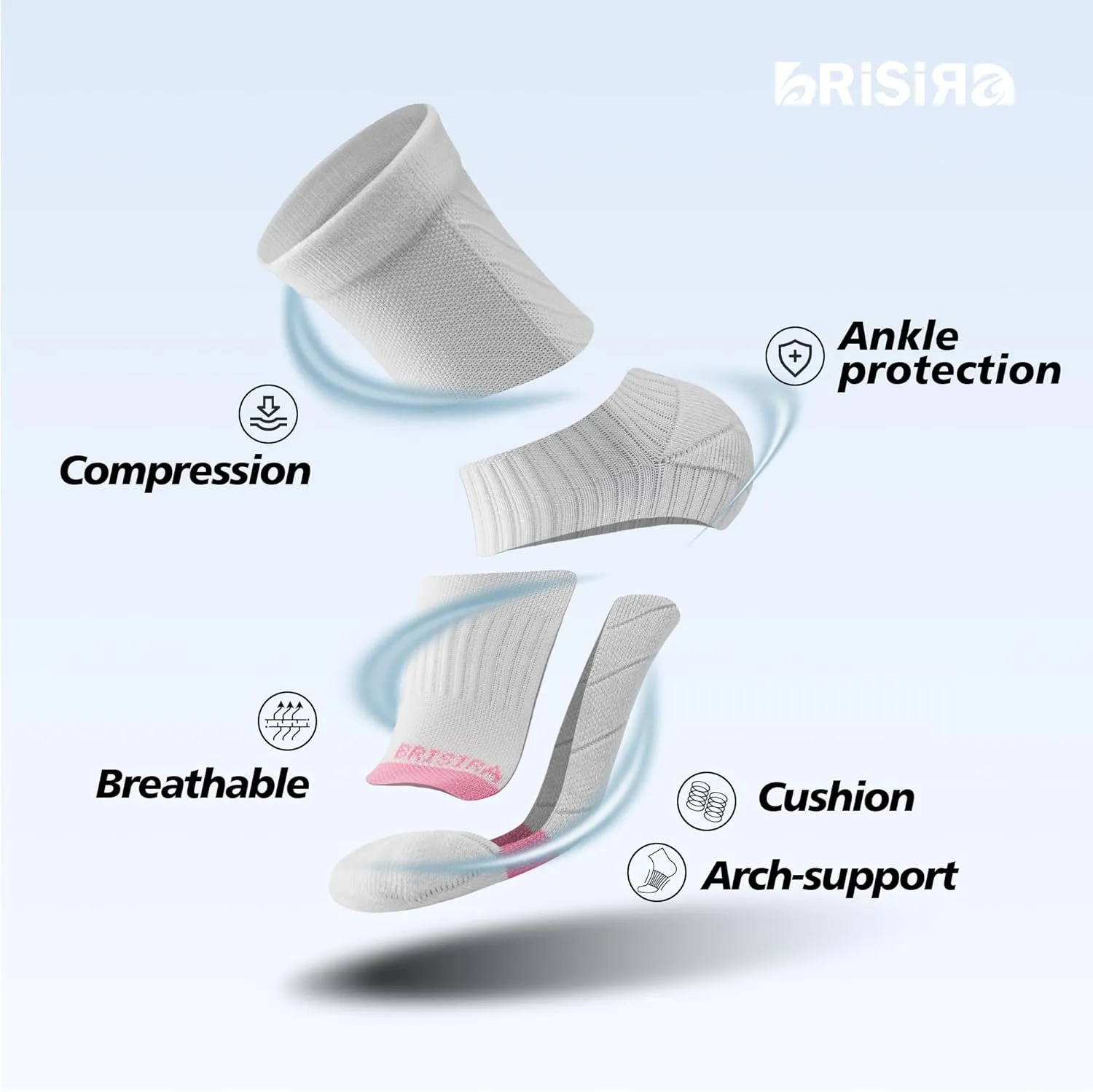 BRISIRA Coolmax Bamboo Viscose Running Compression Quarter Socks Women Moisture Wicking Anti Blister Athletic Ankle Cushion