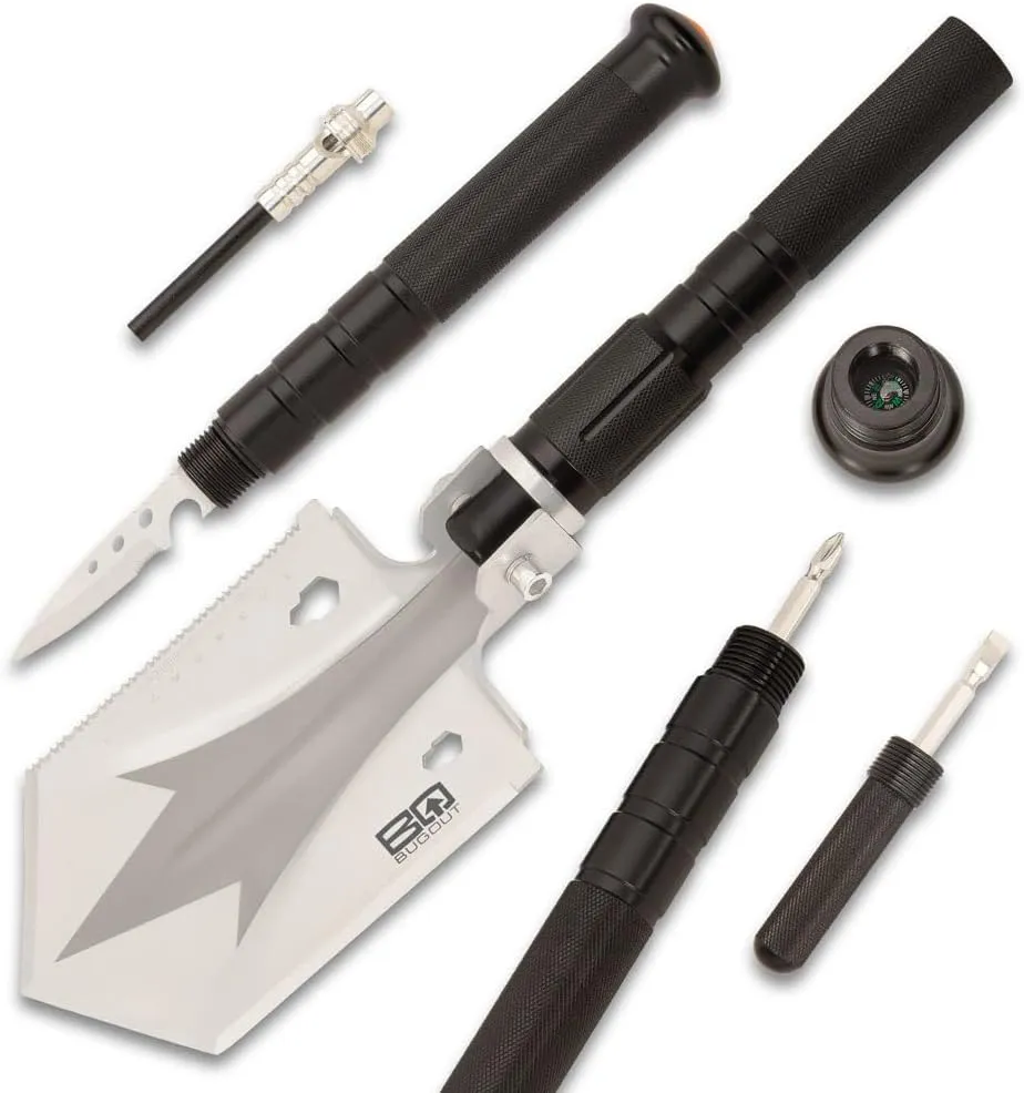 BugOut Small Multi-Function Folding Entrenchment Tool | Stainless Steel | 7" Head | Easily Folds for Compact Carry | Camp Storage Bag Included | Overall 30.75"
