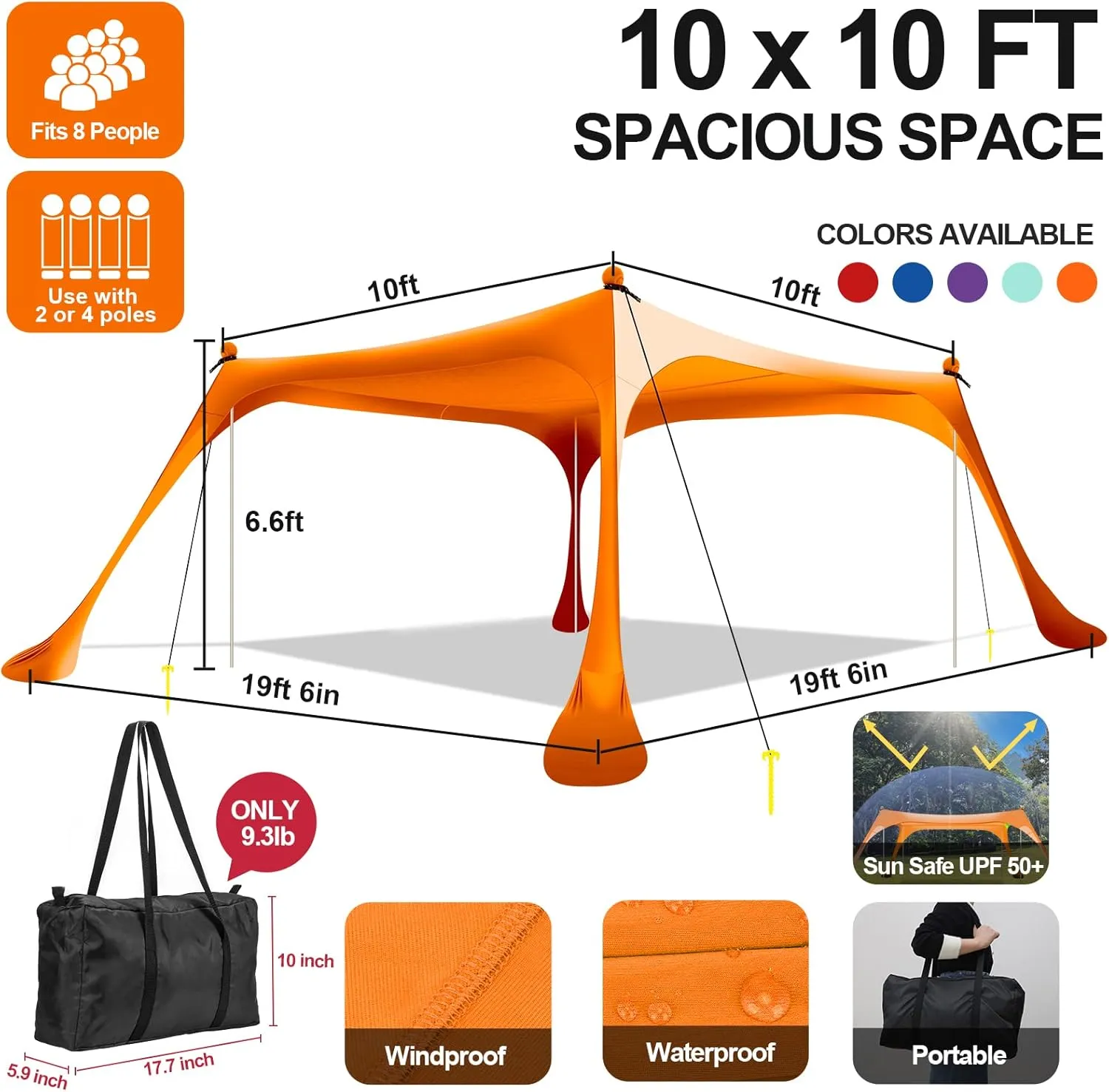 Buheco Beach Tent Pop Up Shade 10x10ft Beach Canopy Sun Shelter UPF50  with 4 Foldable Poles-Portable Carrying Bag-Sand Shovel-Ground Pegs-Windproof Ropes for Outdoor Family Camping-Fishing- Picnic