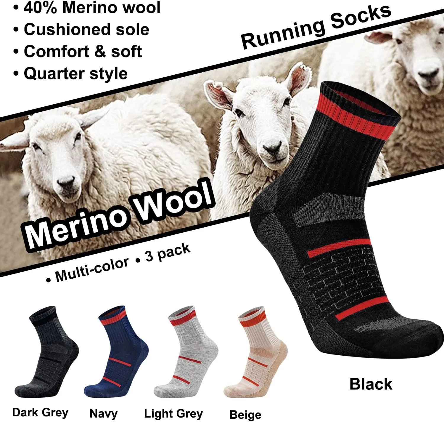 Busy Socks 3 Pack Men's Merino Wool Running Quarter Socks Womens Ankle Thick Cushioned Athletic Socks for Hiking Walking