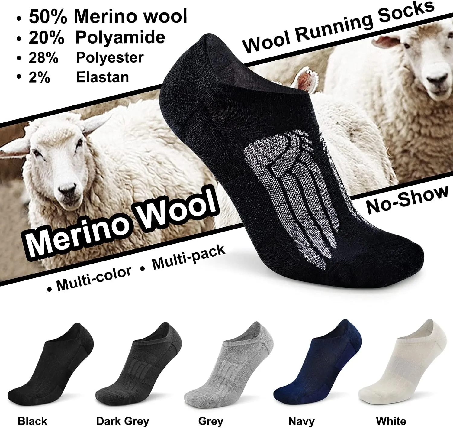Busy Socks No Show Merino Wool Athletic Running Socks for Men Women,Low Cut Thin Soft Sport Wool Socks with Non-Slip Grips