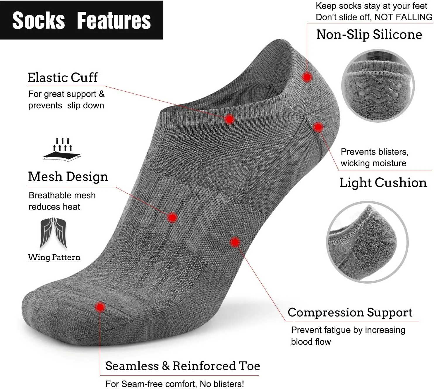 Busy Socks No Show Merino Wool Athletic Running Socks for Men Women,Low Cut Thin Soft Sport Wool Socks with Non-Slip Grips