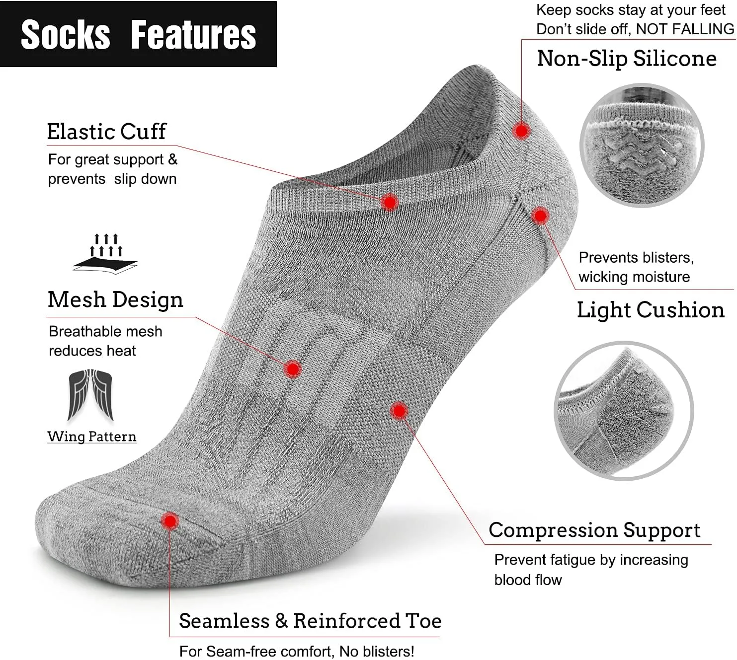 Busy Socks No Show Merino Wool Athletic Running Socks for Men Women,Low Cut Thin Soft Sport Wool Socks with Non-Slip Grips