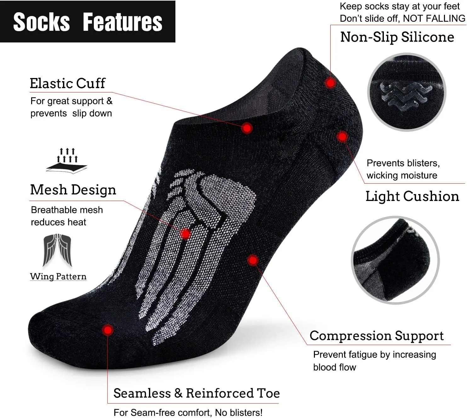 Busy Socks No Show Merino Wool Athletic Running Socks for Men Women,Low Cut Thin Soft Sport Wool Socks with Non-Slip Grips