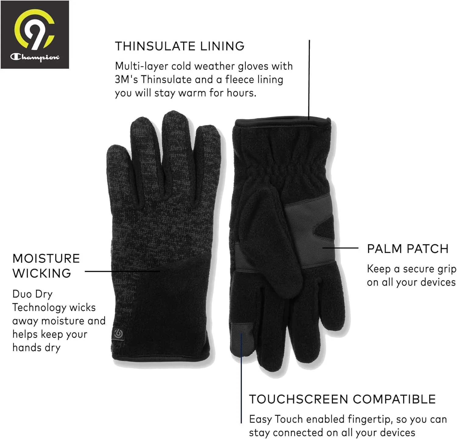 C9 Champion Men's Fleece Glove, Touch Screen Friendly With Thinsulate
