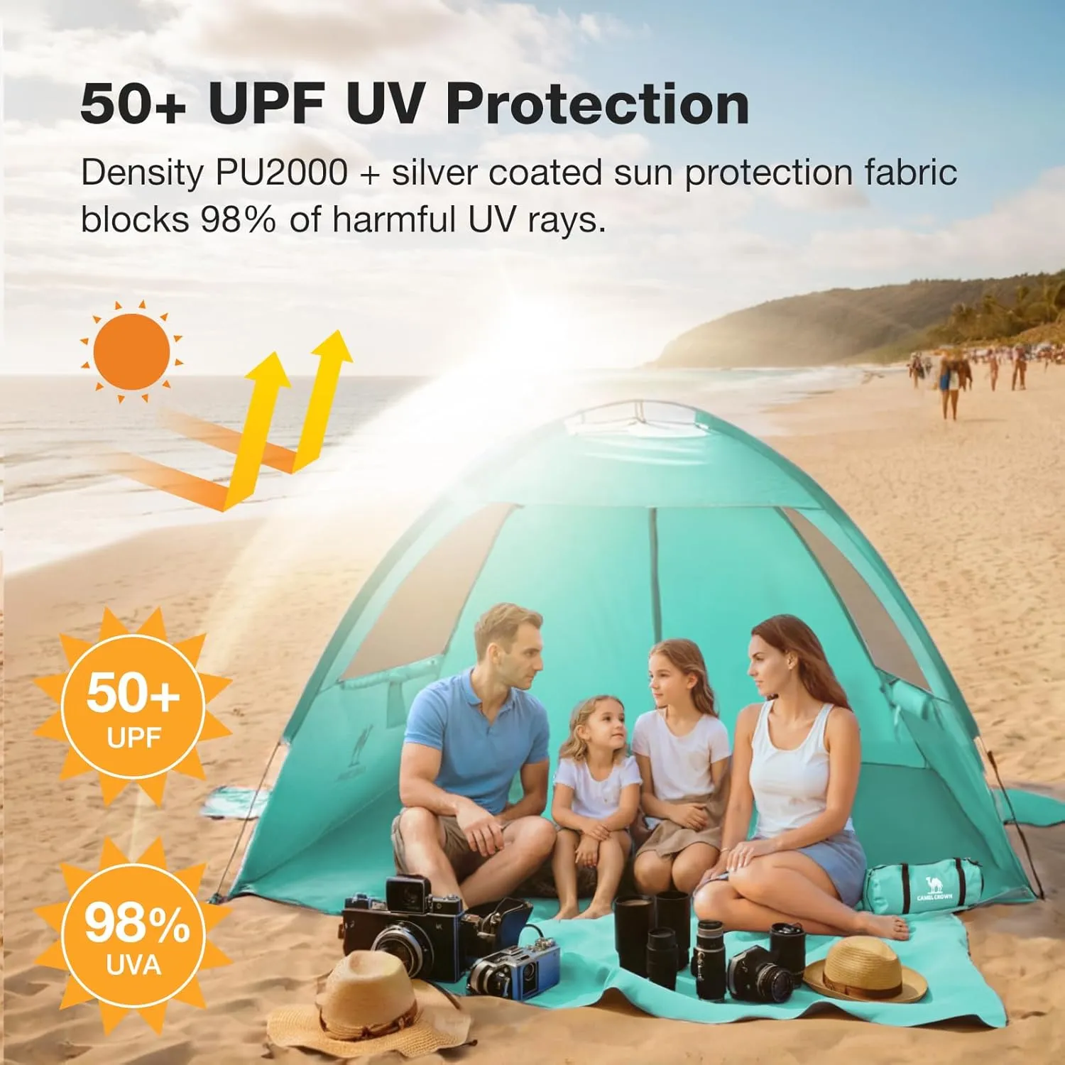 CAMEL CROWN Beach Tent UPF 50  Sun Shelter for 2/3/5/6 Person, Lightweight Portable Sun Shade with Sand Anchor, Family Beach Day & Outdoor Adventures