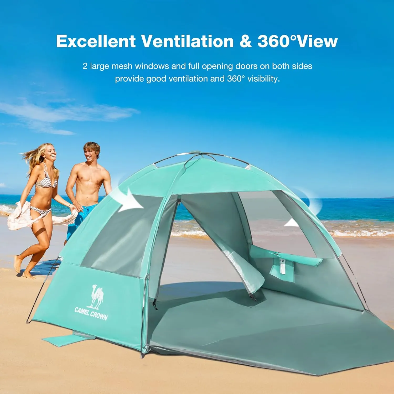 CAMEL CROWN Beach Tent UPF 50  Sun Shelter for 2/3/5/6 Person, Lightweight Portable Sun Shade with Sand Anchor, Family Beach Day & Outdoor Adventures