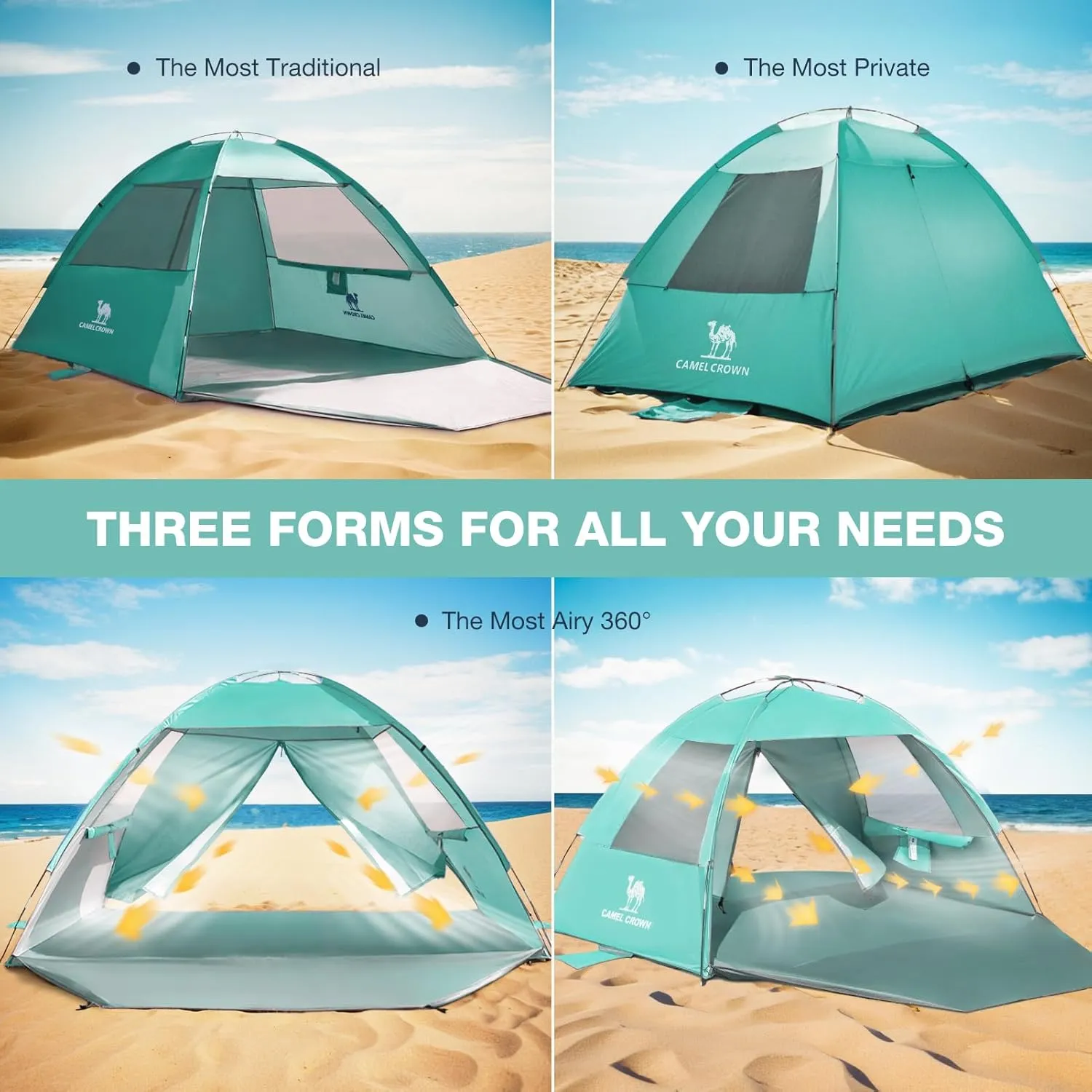 CAMEL CROWN Beach Tent UPF 50  Sun Shelter for 2/3/5/6 Person, Lightweight Portable Sun Shade with Sand Anchor, Family Beach Day & Outdoor Adventures