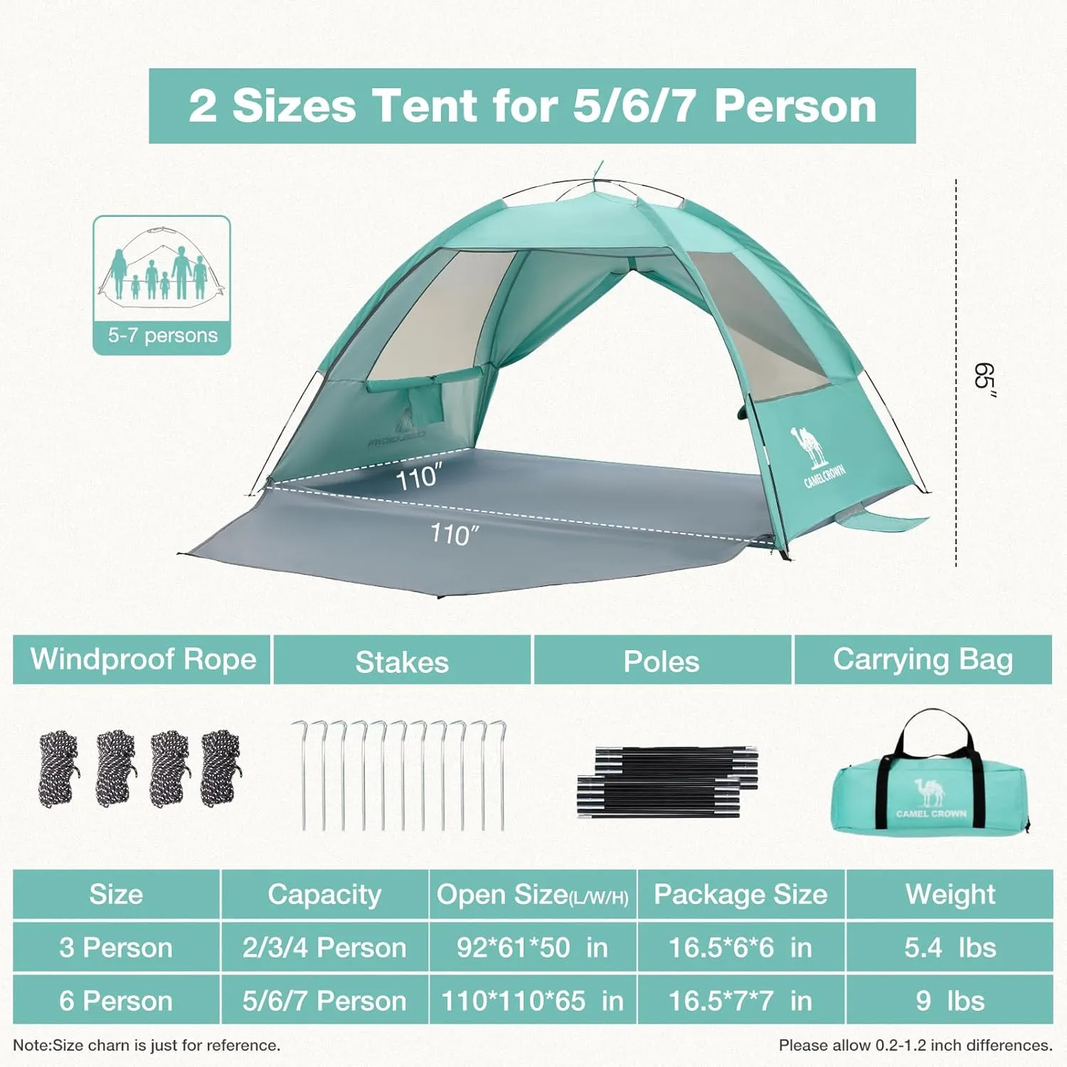 CAMEL CROWN Beach Tent UPF 50  Sun Shelter for 2/3/5/6 Person, Lightweight Portable Sun Shade with Sand Anchor, Family Beach Day & Outdoor Adventures