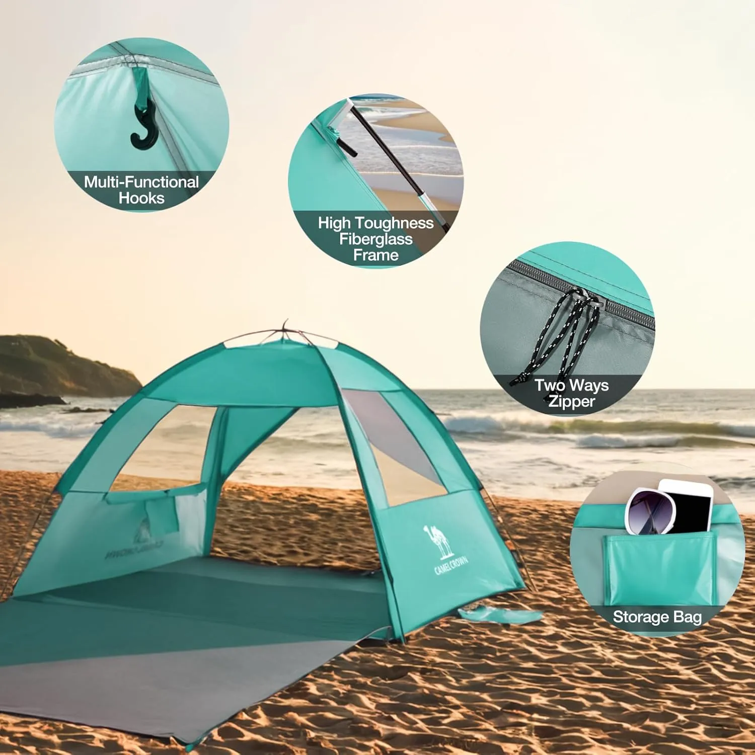 CAMEL CROWN Beach Tent UPF 50  Sun Shelter for 2/3/5/6 Person, Lightweight Portable Sun Shade with Sand Anchor, Family Beach Day & Outdoor Adventures