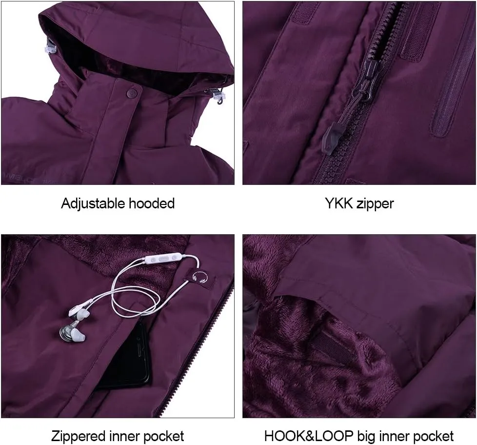 CAMEL CROWN Women’s Mountain Snow Waterproof Ski Jacket Detachable Hood Windproof Fleece Parka Rain Jackt Winter Coat
