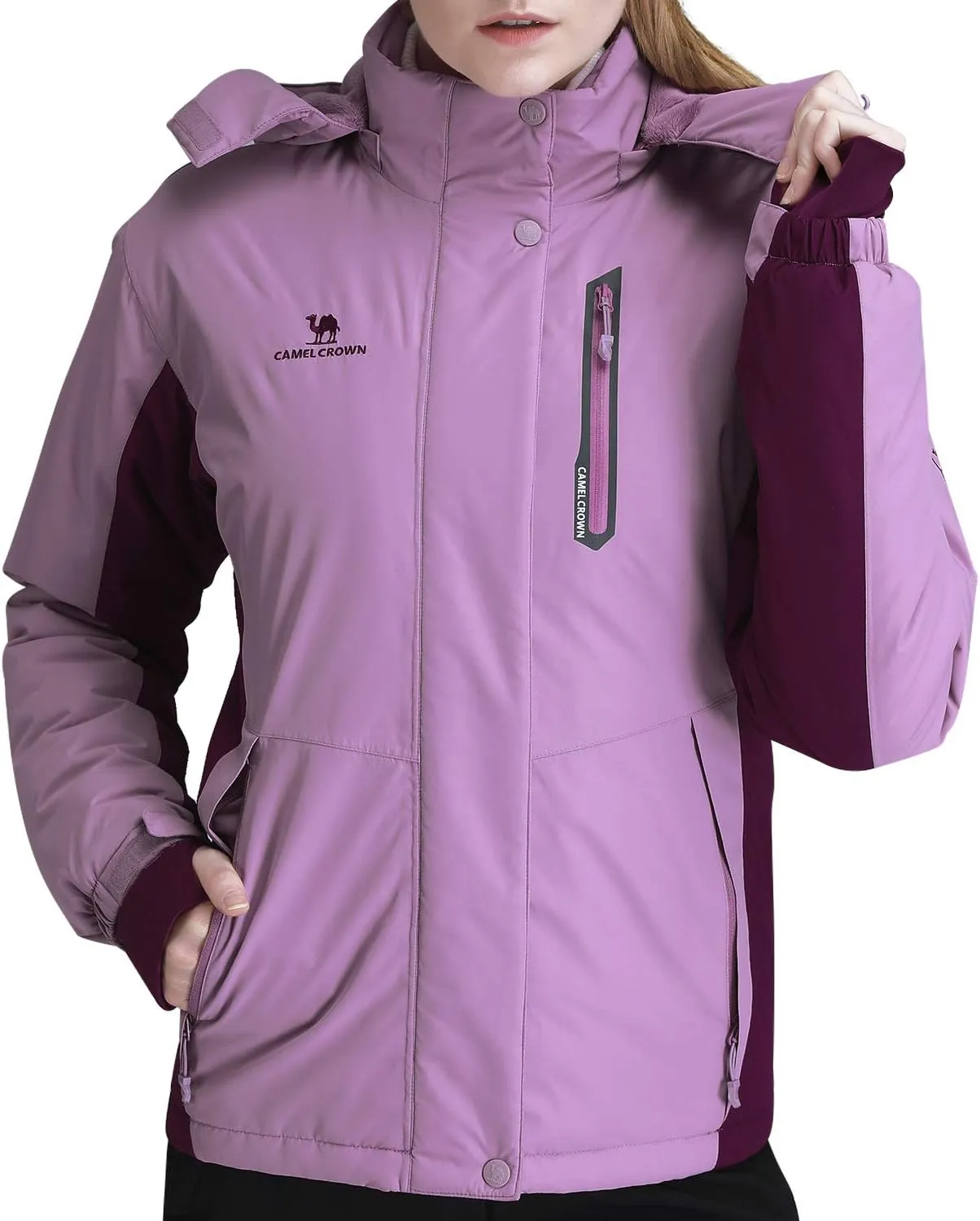 CAMEL CROWN Women’s Mountain Snow Waterproof Ski Jacket Detachable Hood Windproof Fleece Parka Rain Jackt Winter Coat