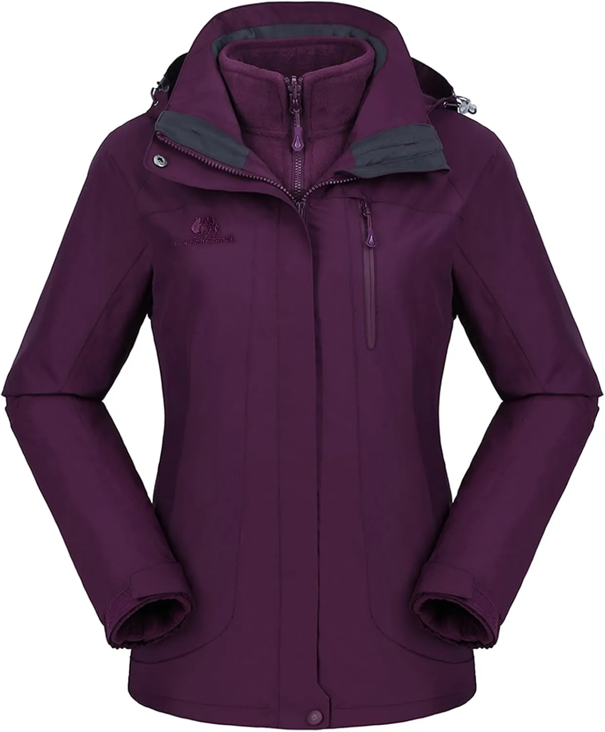 CAMEL CROWN Women's Purple Ski Jacket 3 in 1 Winter Coat with Inner Warm Fleece Jacket, Size L, XL