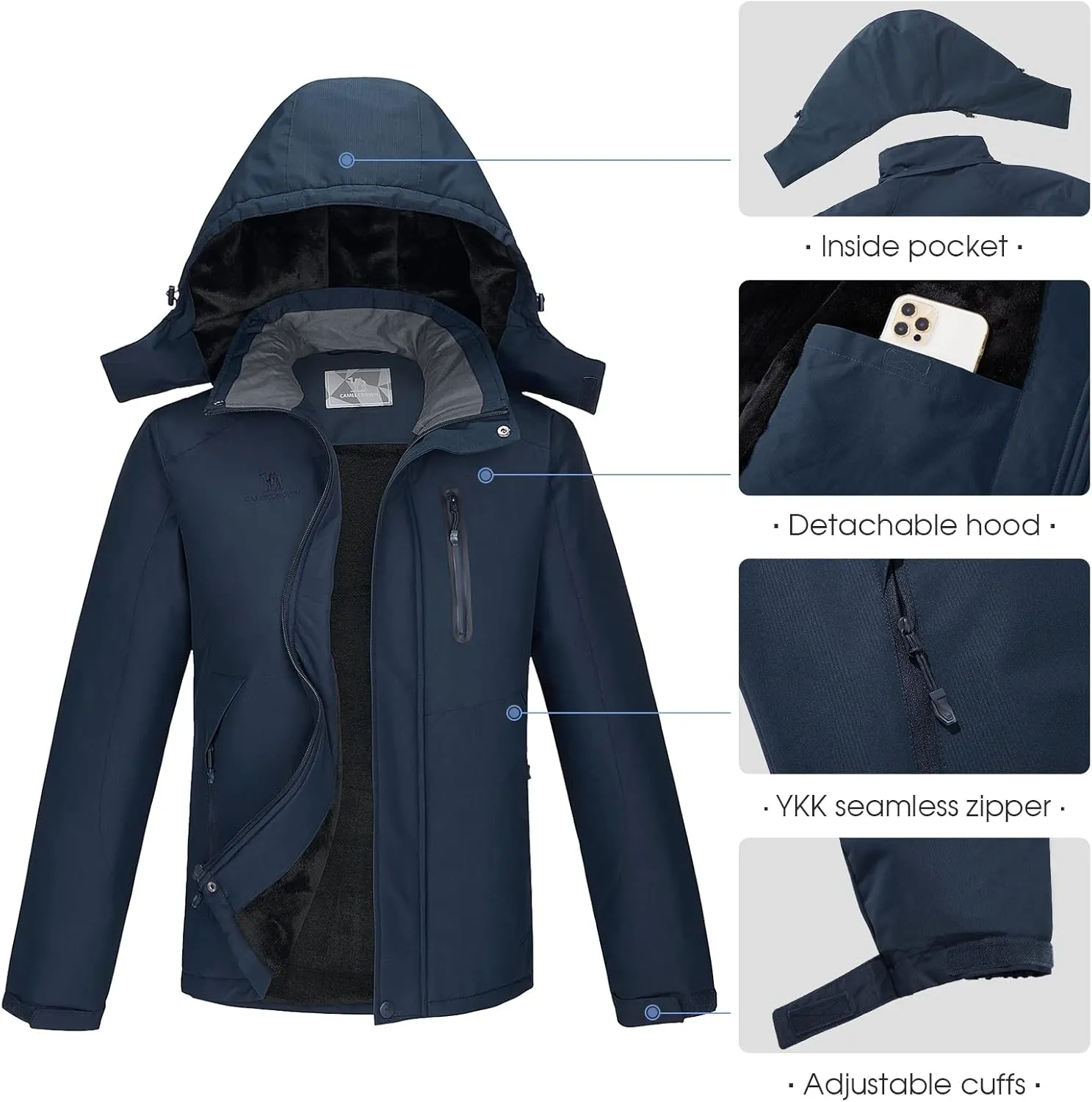 CAMEL Men's Winter Ski Jackets Waterproof Snow Coat with Hood Mountain Windproof Rain Jacket