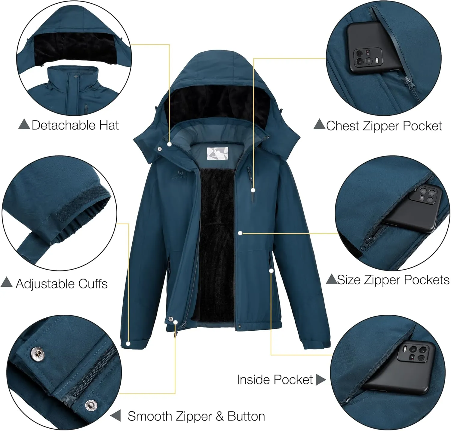 CAMELSPORTS Women's Waterproof Snow Ski Jakcet Fleece Warm Winter Coat Hooded Windproof Insulated Snowboarding Jacket