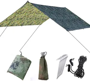 Camping Tarp, Portable Tarp Backpacking Tarp Shelter Rain Tarp Including Tent Stakes and Carry Bag for Outdoor Traveling, Green Camo