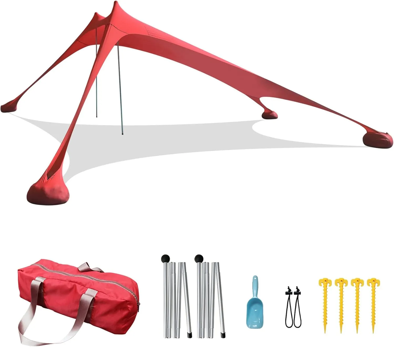 Camping Tarp Sun Shelter, Outdoor Canopy Portable Sunshade, with 2 Aluminum Poles, 4 Pole Anchors, Sand Shovel Carrying Bag, for Hiking Fishing Picnic Travel,Red