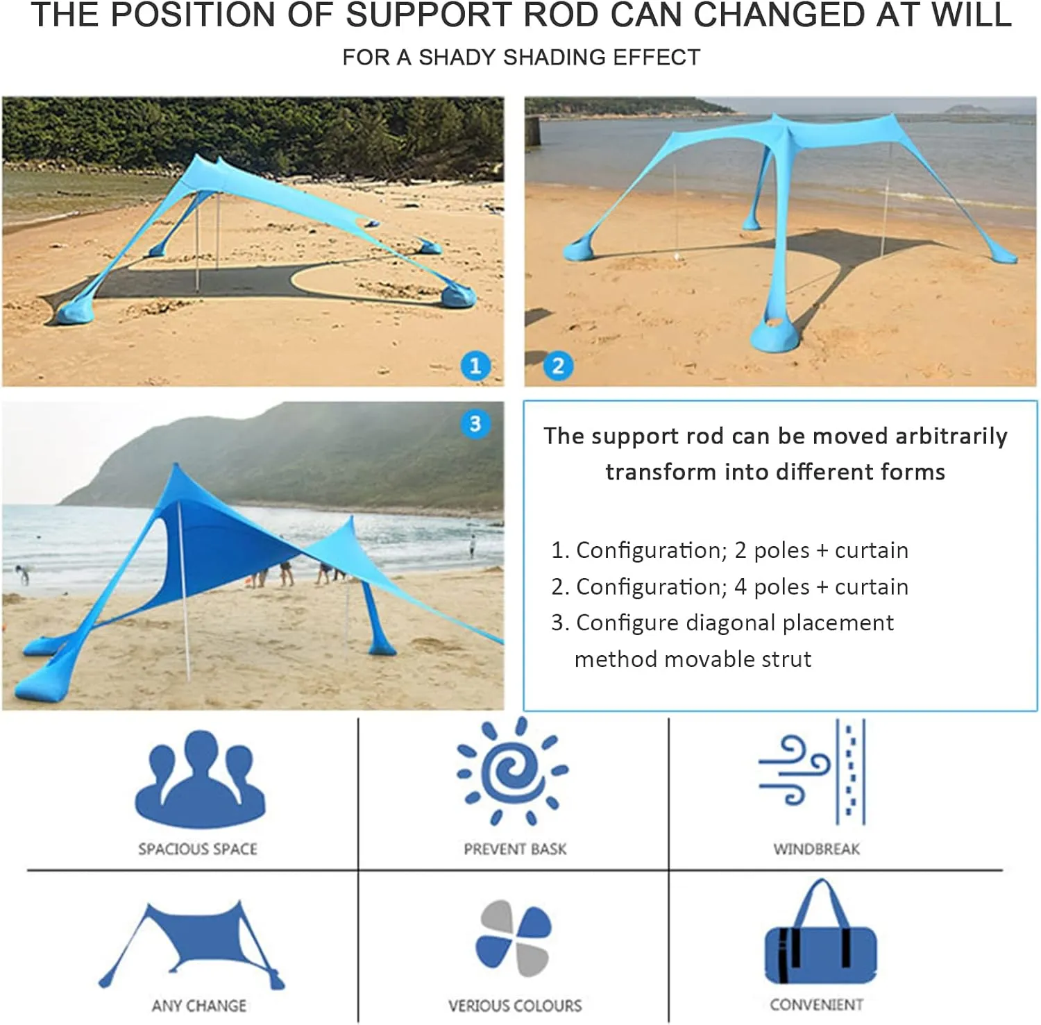 Camping Tarp Sun Shelter, Outdoor Canopy Portable Sunshade, with 2 Aluminum Poles, 4 Pole Anchors, Sand Shovel Carrying Bag, for Hiking Fishing Picnic Travel,Red