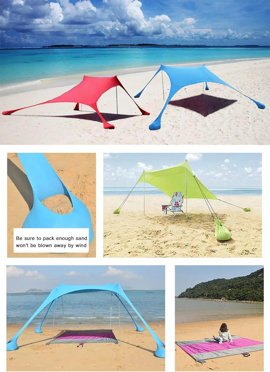 Camping Tarp Sun Shelter, Outdoor Canopy Portable Sunshade, with 2 Aluminum Poles, 4 Pole Anchors, Sand Shovel Carrying Bag, for Hiking Fishing Picnic Travel,Red