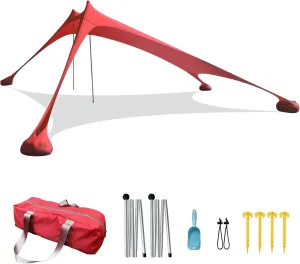 Camping Tarp Sun Shelter, Outdoor Canopy Portable Sunshade, with 2 Aluminum Poles, 4 Pole Anchors, Sand Shovel Carrying Bag, for Hiking Fishing Picnic Travel,Red