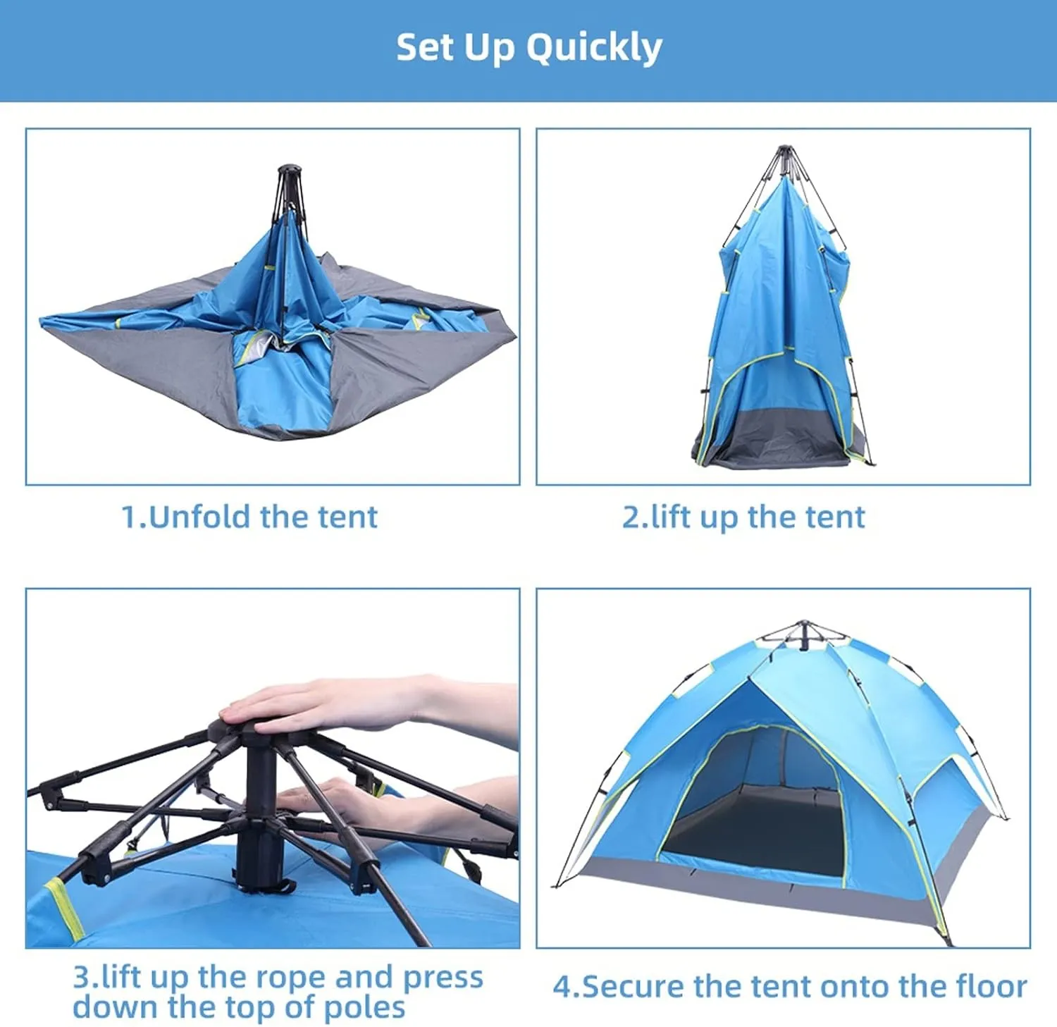 Camping Tent 3-4 Person Hydraulic Automatic Camping Tent Double Layer Instant Setup Outdoor Family Tent Portable Backpacking Tent for Hiking