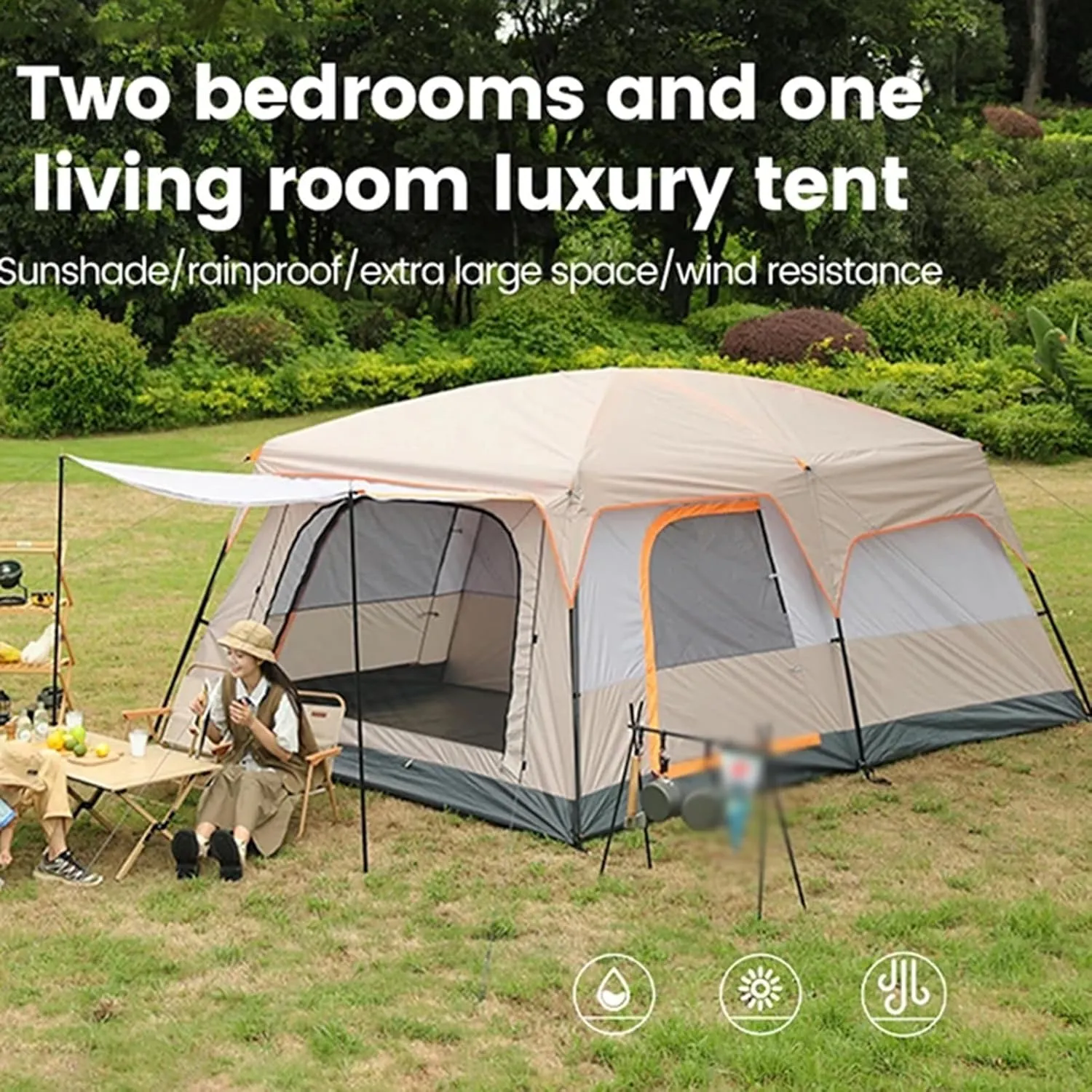 Camping Tents with Hammock for 3-4 People, Family Tent Double Layer with Top Rainfly & Carrying Bag for Camping Hiking Backpacking Backyard