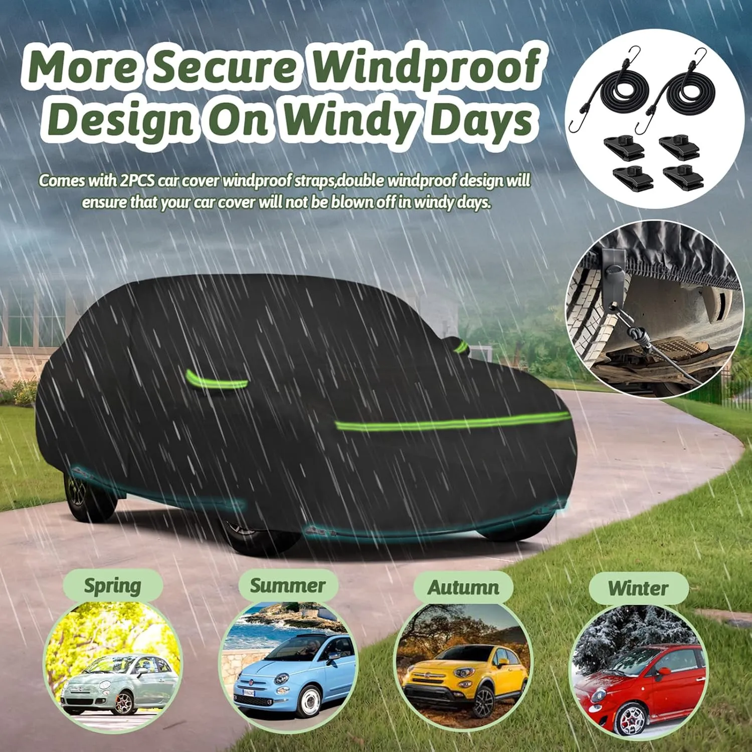 Car Cover for 2007-2025 Fiat 500/500C/500E Abarth/New Fiat 500 (Hatchback/Cabrio/3 1), 210T Waterproof Sun Rain Dust Snow Protection Outdoor Fiat Car Cover with Cotton Lining and Zipper Door-Black