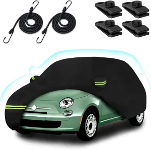 Car Cover for 2007-2025 Fiat 500/500C/500E Abarth/New Fiat 500 (Hatchback/Cabrio/3 1), 210T Waterproof Sun Rain Dust Snow Protection Outdoor Fiat Car Cover with Cotton Lining and Zipper Door-Black