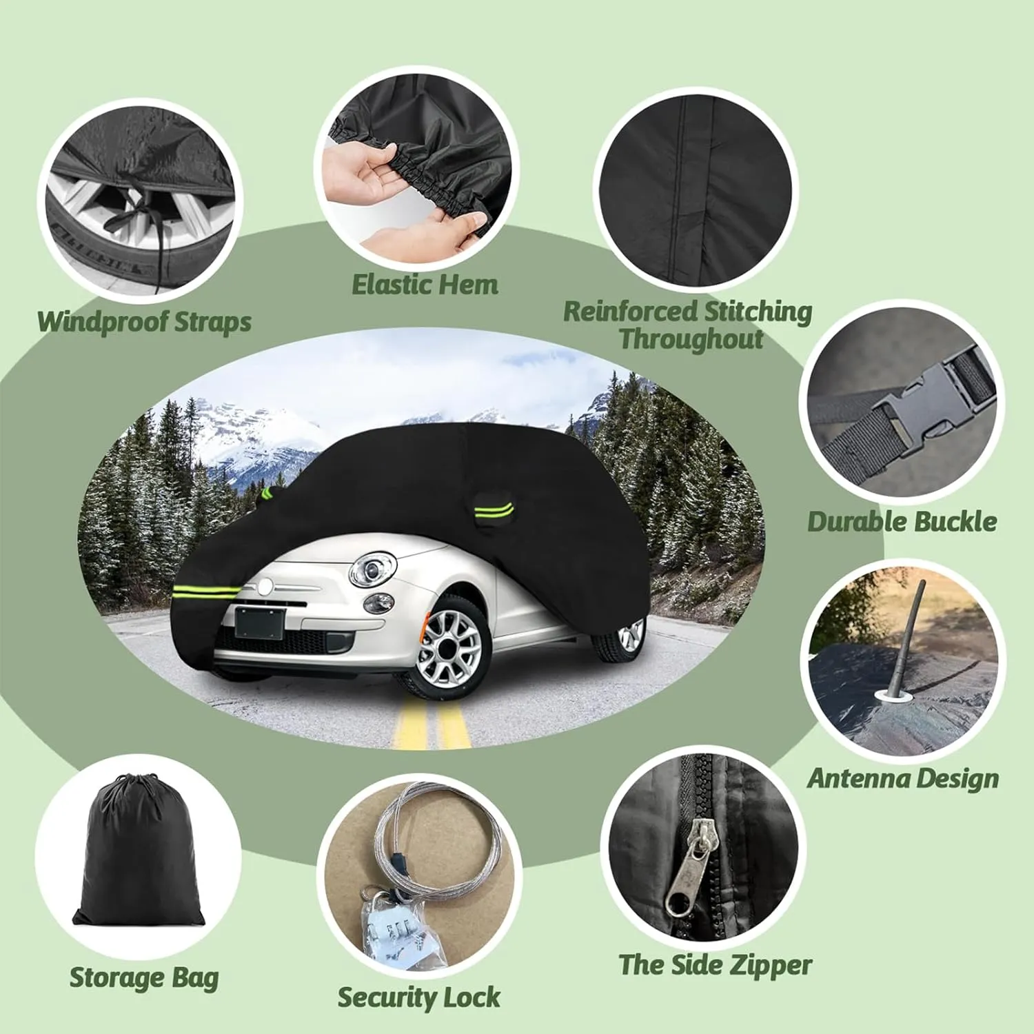 Car Cover for 2007-2025 Fiat 500/500C/500E Abarth/New Fiat 500 (Hatchback/Cabrio/3 1), 210T Waterproof Sun Rain Dust Snow Protection Outdoor Fiat Car Cover with Cotton Lining and Zipper Door-Black