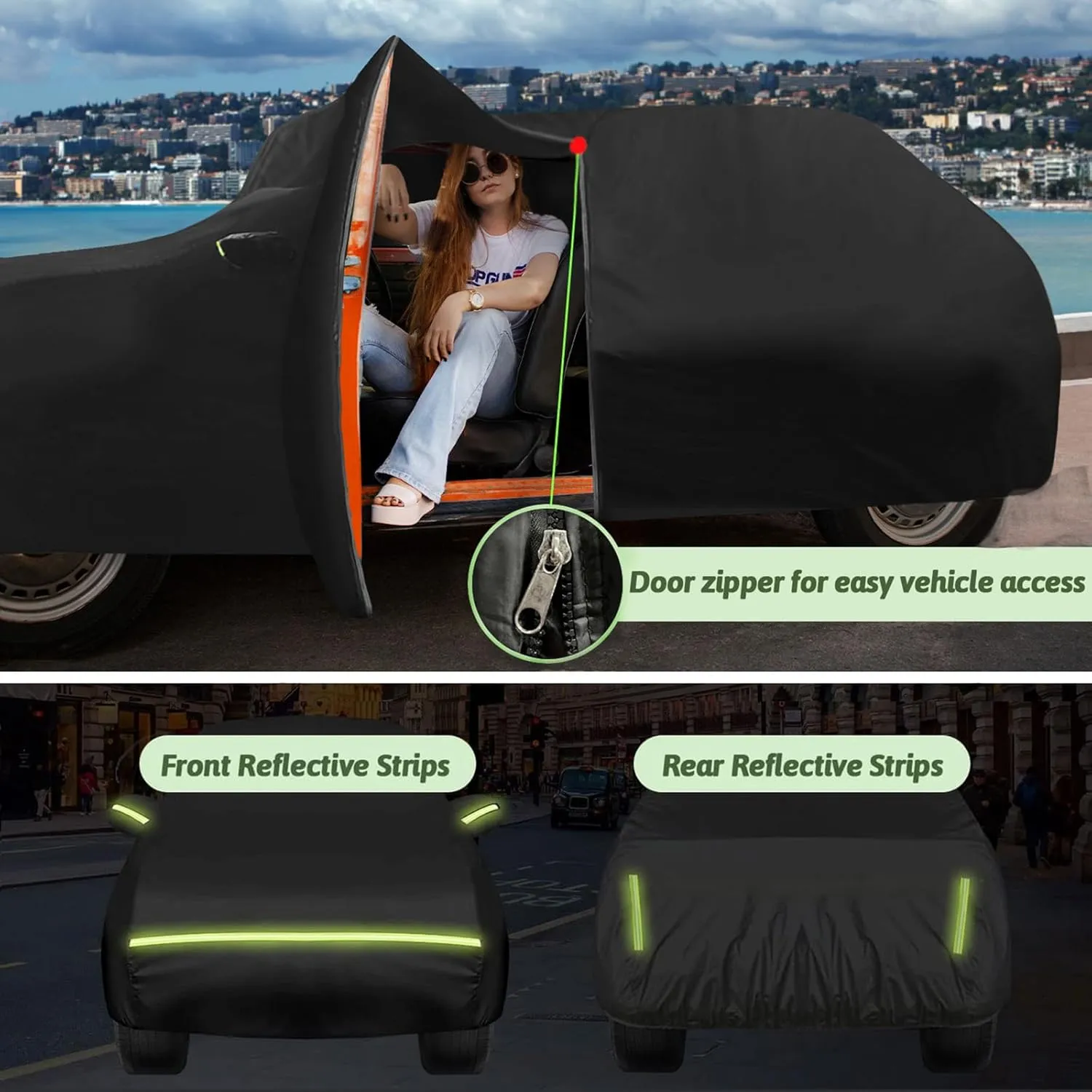 Car Cover for 2007-2025 Fiat 500/500C/500E Abarth/New Fiat 500 (Hatchback/Cabrio/3 1), 210T Waterproof Sun Rain Dust Snow Protection Outdoor Fiat Car Cover with Cotton Lining and Zipper Door-Black