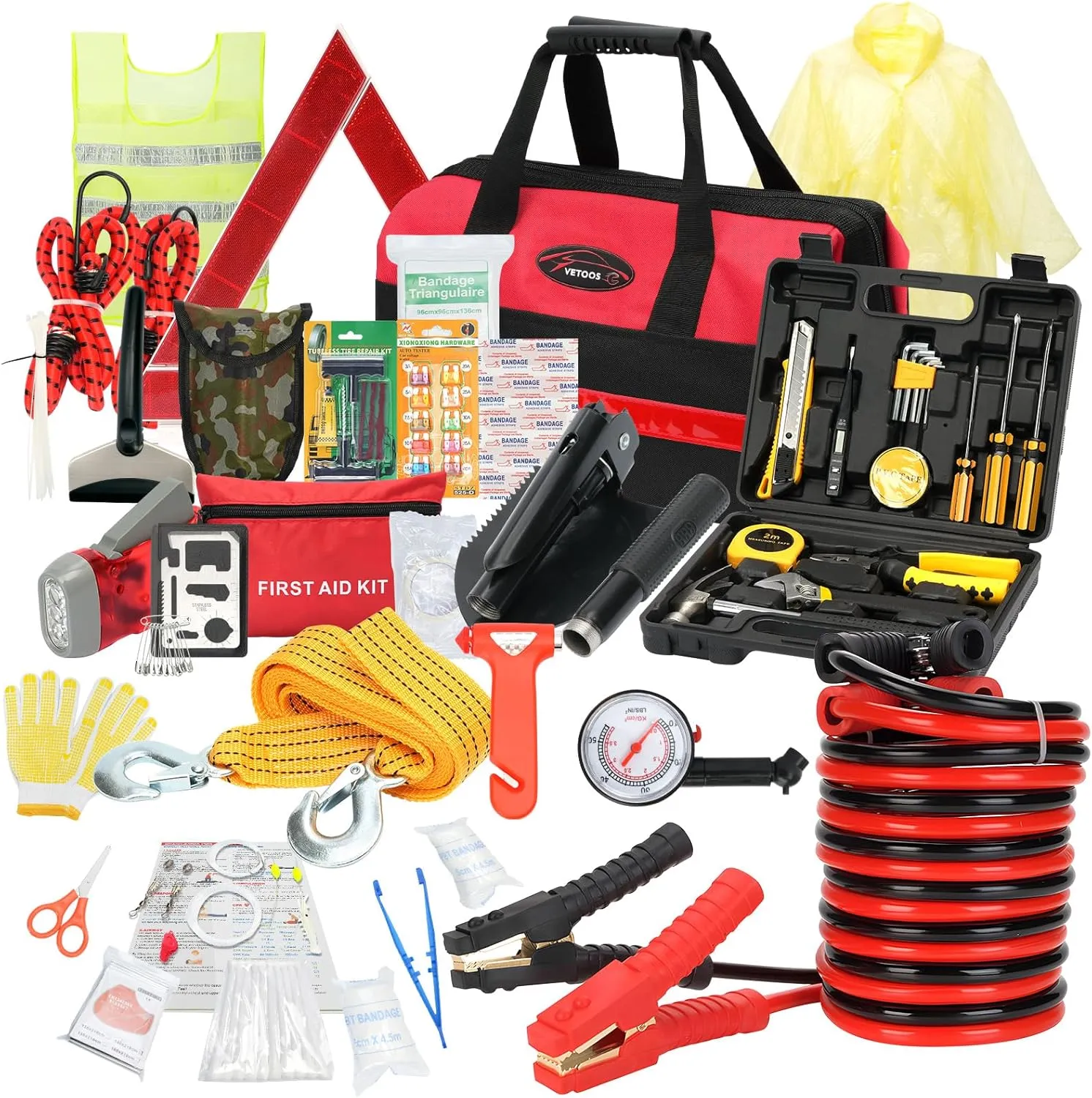 Car Roadside Emergency Kit with Jumper Cables, Auto Road Side Safety Kit for Vehicles - with Premium Carry Bag, for Men, Women