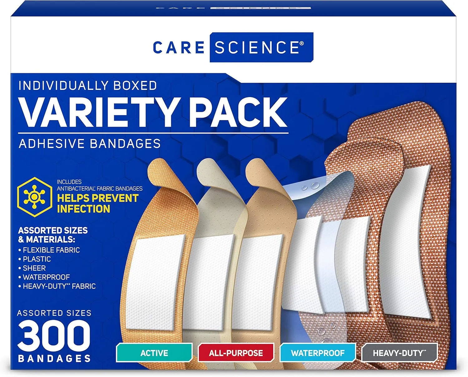 Care Science Variety Bandages Pack, 300 ct Bulk Assorted Sizes | FSA HSA Eligible | Includes Active, All-Purpose, Waterproof, Heavy-Duty | Breathable Protection for First Aid