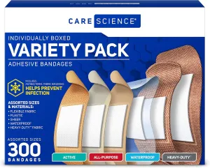Care Science Variety Bandages Pack, 300 ct Bulk Assorted Sizes | FSA HSA Eligible | Includes Active, All-Purpose, Waterproof, Heavy-Duty | Breathable Protection for First Aid
